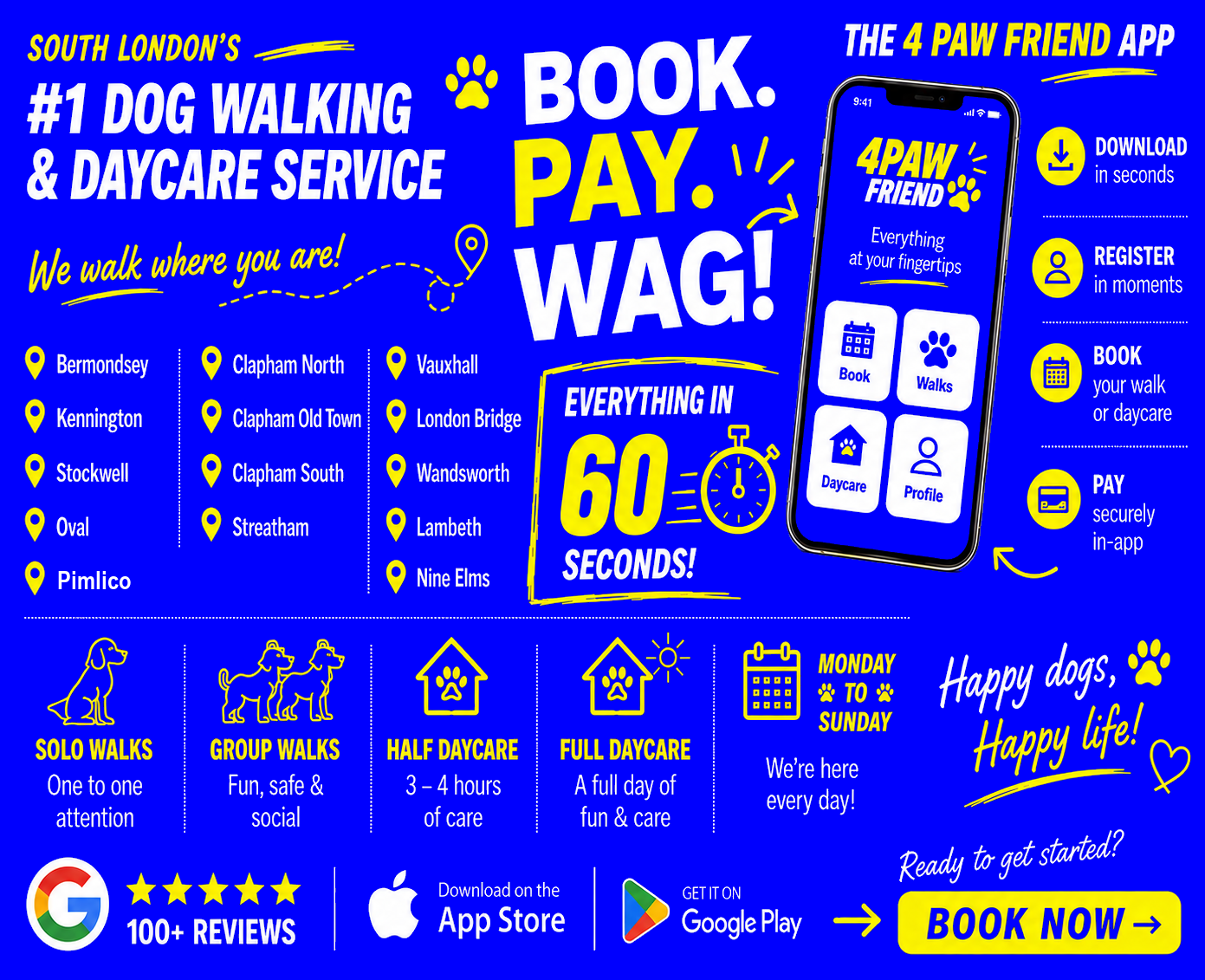 South London's #1 dog walking and daycare service - 4 Paw Friend. Solo walks, group walks, half daycare, full daycare, Monday to Sunday. Covering Bermondsey, Kennington, Stockwell, Oval, Clapham North, Clapham Old Town, Clapham South, Streatham, Vauxhall, London Bridge, Wandsworth, Lambeth and Nine Elms. Book, pay and wag in 60 seconds.
