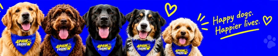 Five happy dogs wearing blue 4 Paw Friend bandanas after a group walk in South London.