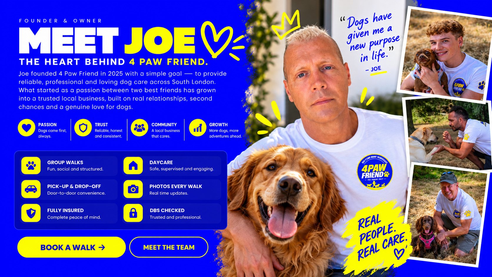 Joe McDonagh, founder and owner of 4 Paw Friend, who started the business in 2025 to provide reliable, professional and loving dog care across South London.