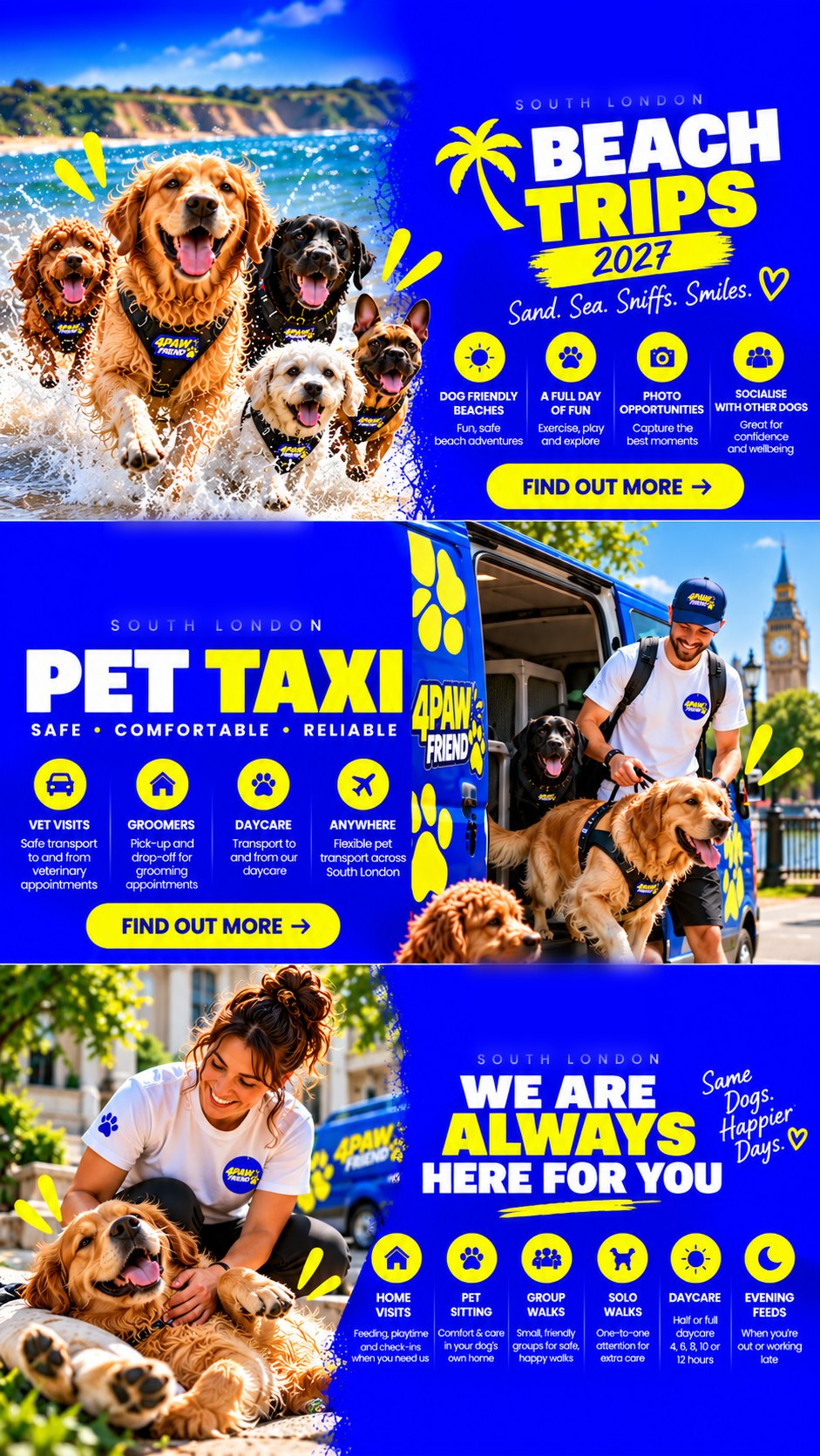 4 Paw Friend South London: dog beach trips 2027, pet taxi transport, and the full range of dog care services.