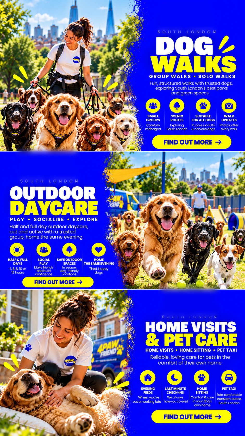 4 Paw Friend South London: dog walks with group and solo options, outdoor daycare, and home visits with pet sitting and pet taxi.