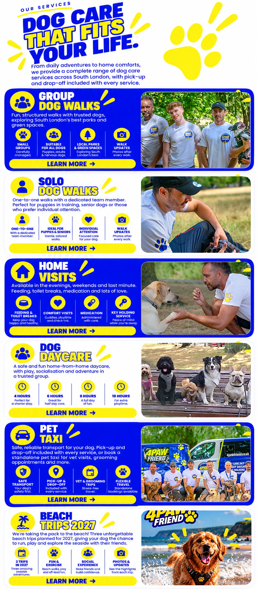 4 Paw Friend services in South London: group dog walks, solo dog walks, home visits, outdoor dog daycare, pet taxi and the 2027 beach trips, with pick-up and drop-off included with every service.