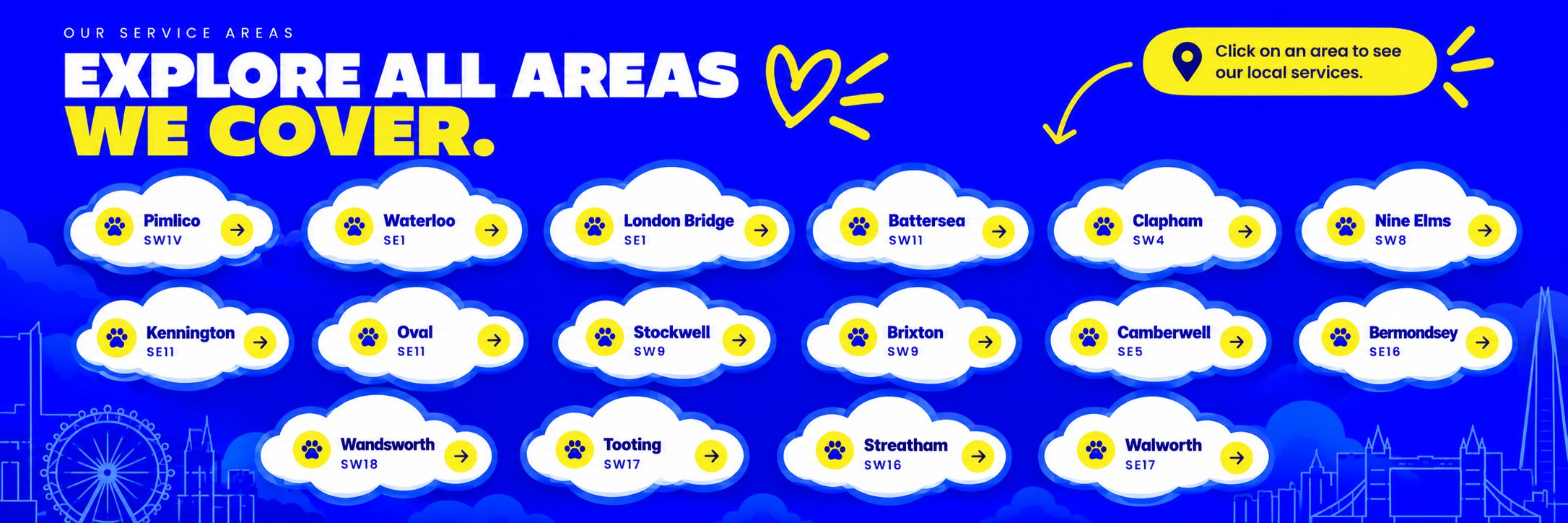 All 4 Paw Friend service areas: Pimlico, Waterloo, London Bridge, Battersea, Clapham, Nine Elms, Kennington, Oval, Stockwell, Brixton, Camberwell, Bermondsey, Wandsworth, Tooting, Streatham and Walworth.