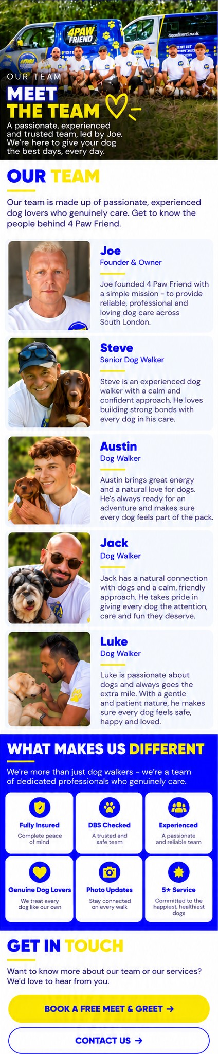 Meet the 4 Paw Friend team: a passionate, experienced and trusted team of South London dog walkers led by Joe, the founder and owner.