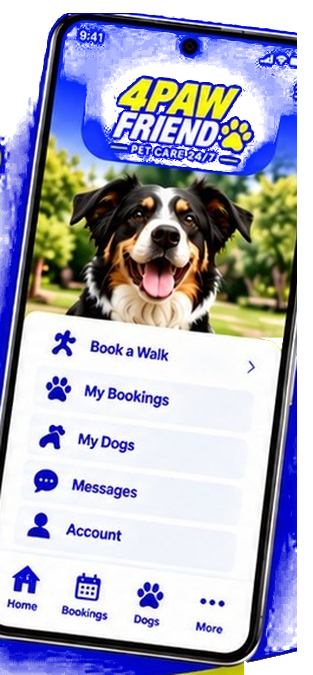 The 4 Paw Friend app: book a walk, my bookings, my dogs, messages and account.