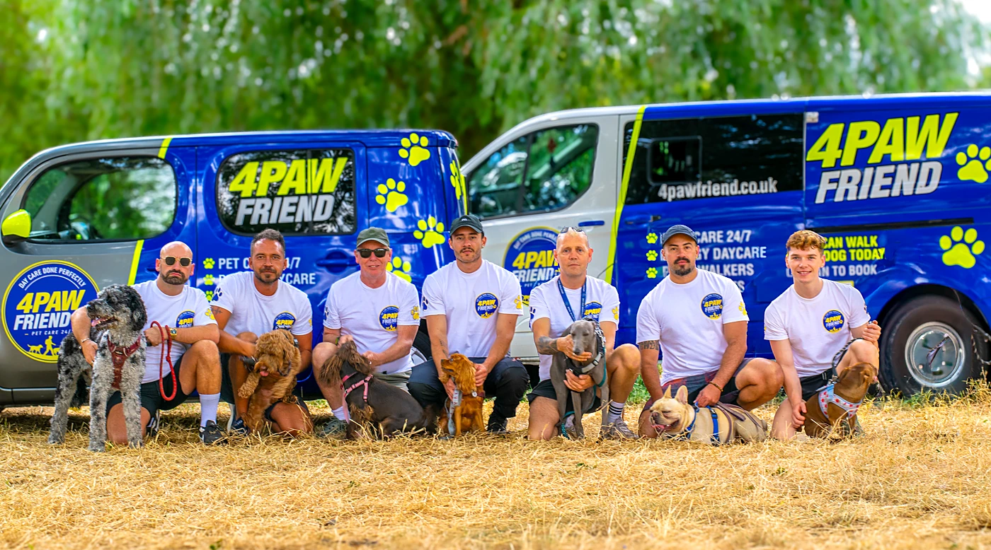 The 4 Paw Friend team with their dogs in front of the branded vans in South London.