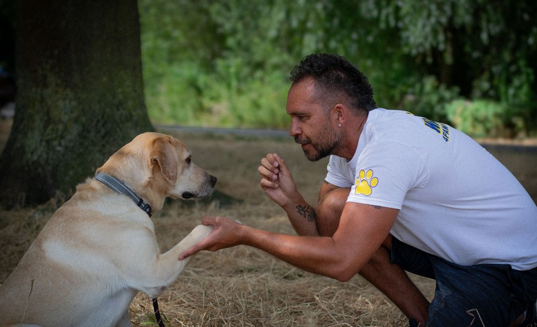 Luke, dog walker at 4 Paw Friend, with a labrador in South London.