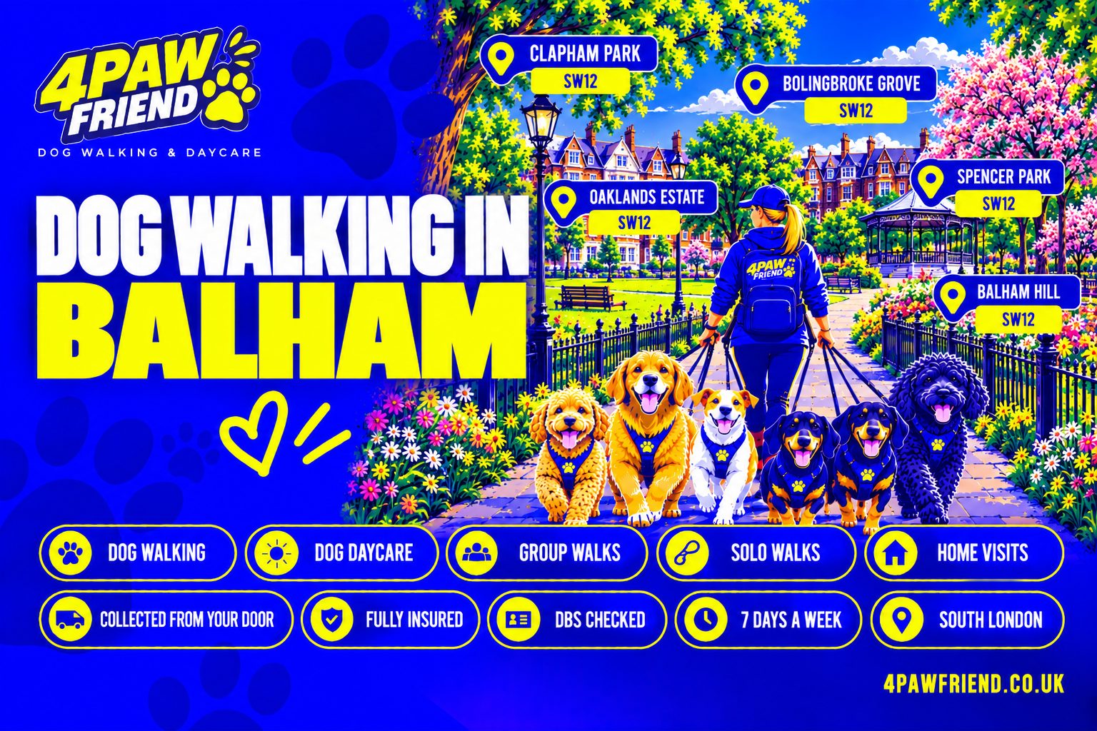 4 Paw Friend dog walking and outdoor daycare in Balham, South London — group walks, solo walks, home visits and collection from your door, near Tooting Bec Common.