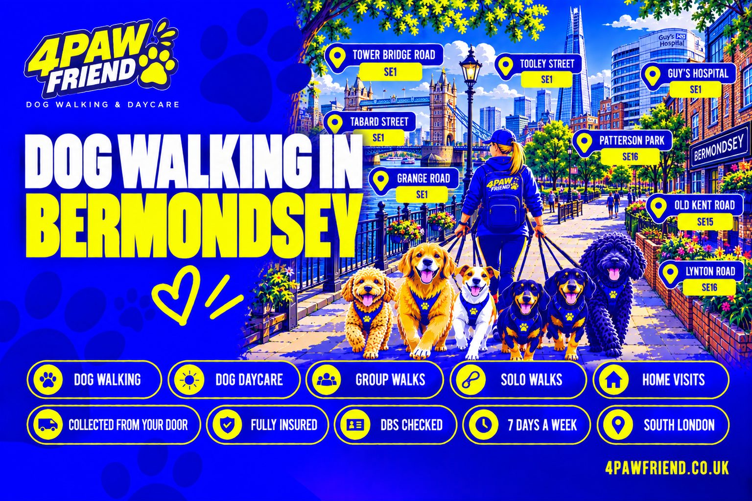 4 Paw Friend dog walking and outdoor daycare in Bermondsey, South London — group walks, solo walks, home visits and collection from your door, near Southwark Park.