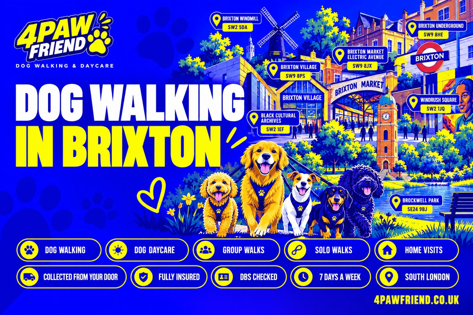 4 Paw Friend dog walking and outdoor daycare in Brixton, South London — group walks, solo walks, home visits and collection from your door, near Brockwell Park.