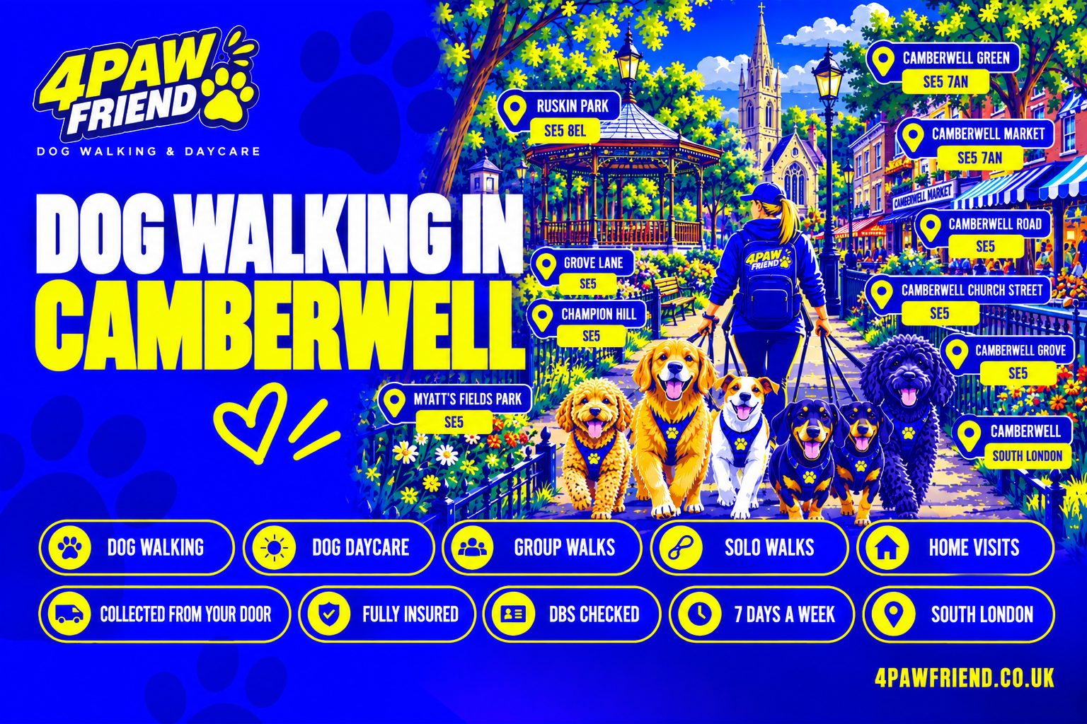 4 Paw Friend dog walking and outdoor daycare in Camberwell, South London — group walks, solo walks, home visits and collection from your door, near Ruskin Park.