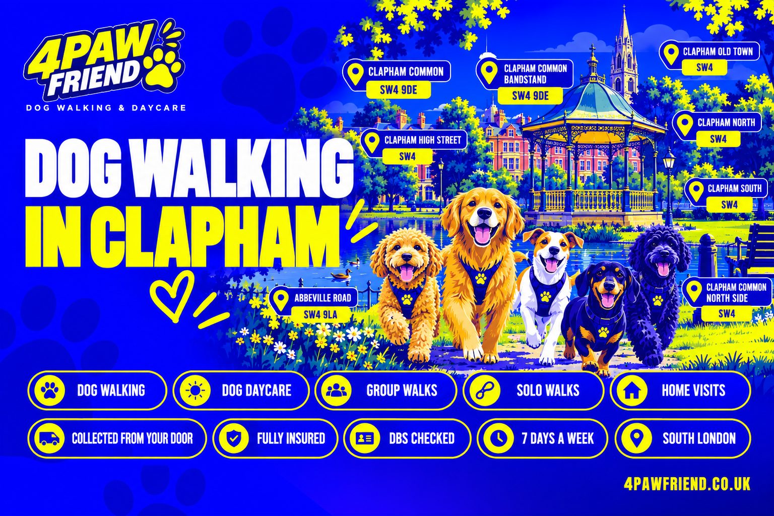 4 Paw Friend dog walking and outdoor daycare in Clapham, South London — group walks, solo walks, home visits and collection from your door, near Clapham Common.
