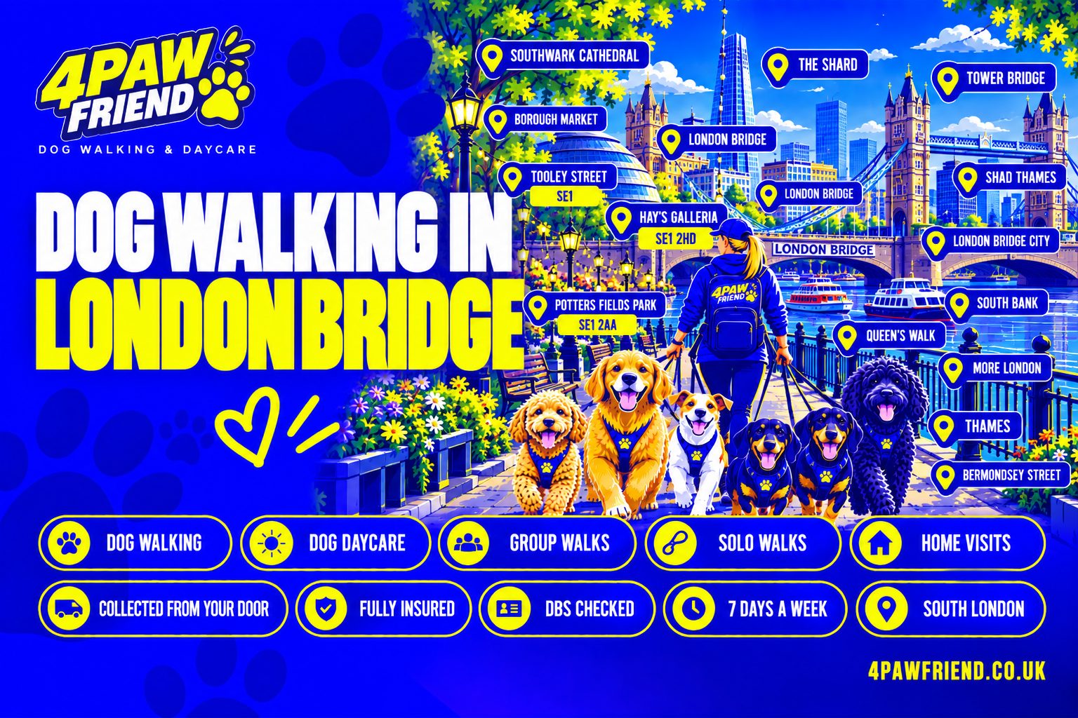 4 Paw Friend dog walking and outdoor daycare in London Bridge, South London — group walks, solo walks, home visits and collection from your door, near Potters Fields Park.