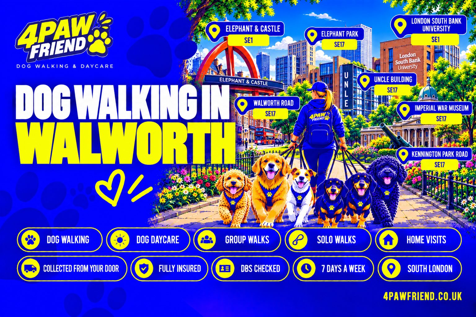 4 Paw Friend dog walking and outdoor daycare in Walworth, South London — group walks, solo walks, home visits and collection from your door, near Burgess Park.